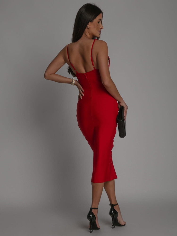 Sukienka bandażowa midi z ozdobnym marszczeniem na biodrach czerwona PREMIUM