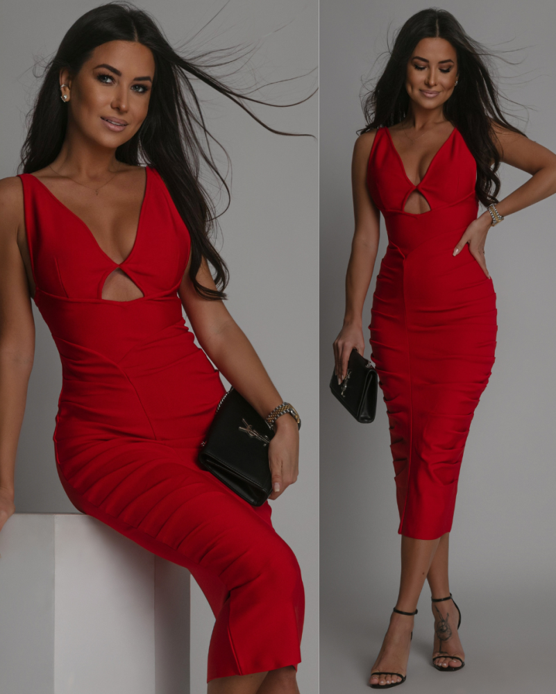 Sukienka bandażowa midi z ozdobnym marszczeniem na biodrach czerwona PREMIUM