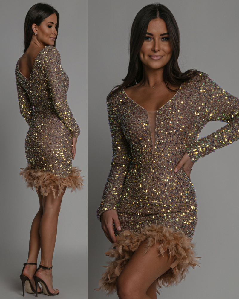 Sukienka cekinowa na długi rękaw z piórkami złota PREMIUM
