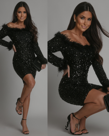 Sukienka cekinowa z piórkami na dekolcie czarna PREMIUM