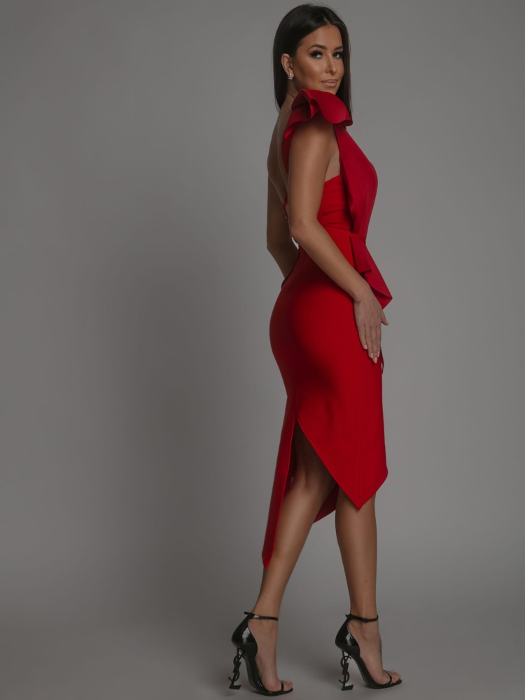 Sukienka bandażowa na jedno ramię z ozdobnymi elementami czerwona PREMIUM
