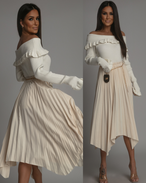 Spódnica z ozdobnym paseczkiem plisowana ecru