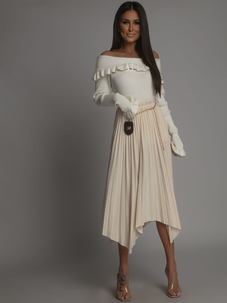 Spódnica z ozdobnym paseczkiem plisowana ecru