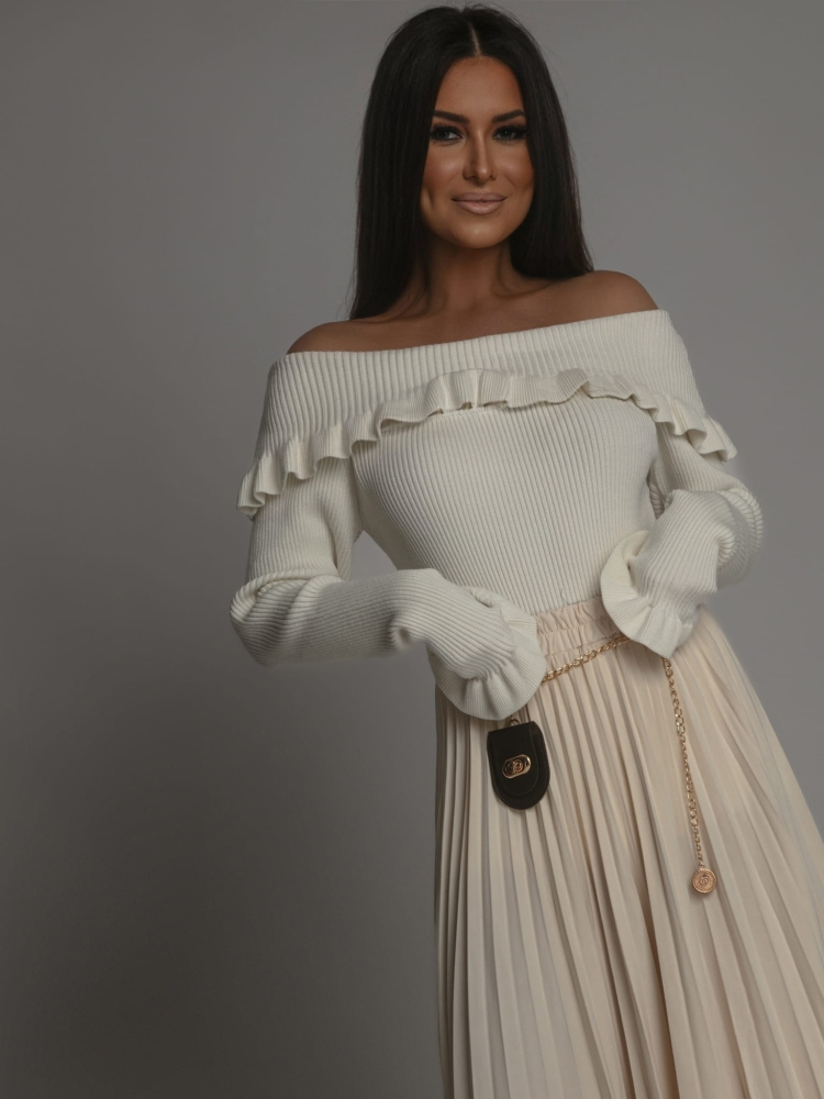 Spódnica z ozdobnym paseczkiem plisowana ecru