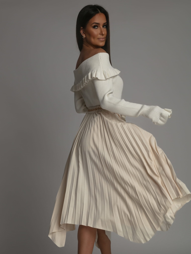 Spódnica z ozdobnym paseczkiem plisowana ecru