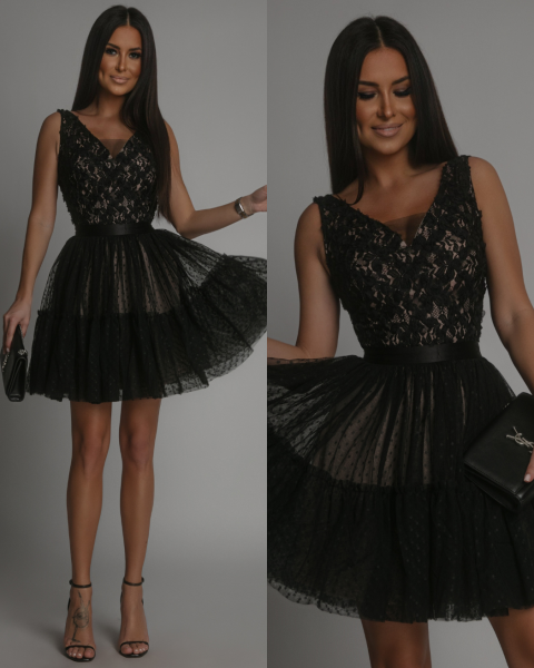 Sukienka tiulowa z ozdobnymi różyczkami czarna PREMIUM