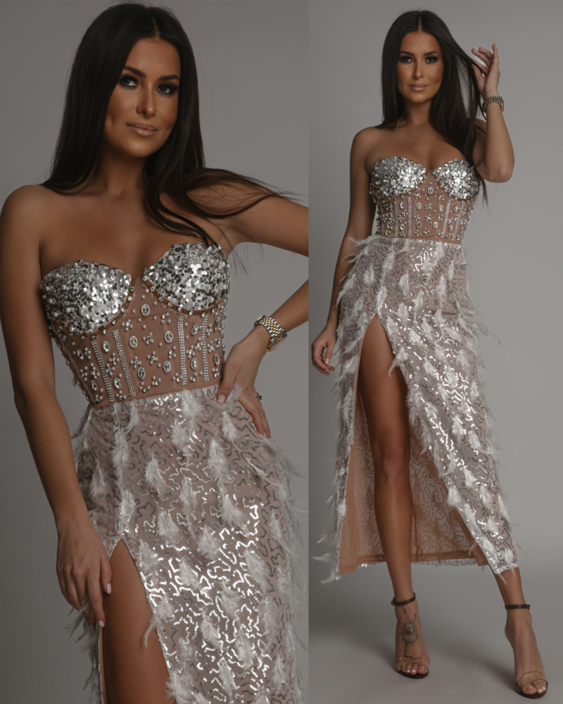 Sukienka PREMIUM midi z ozdobnymi elementami beżowa