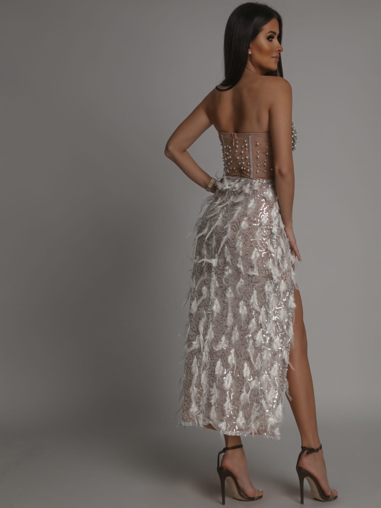 Sukienka PREMIUM midi z ozdobnymi elementami beżowa