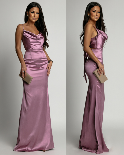 Satynowa długa suknia elegancka śliwka PEMIUM