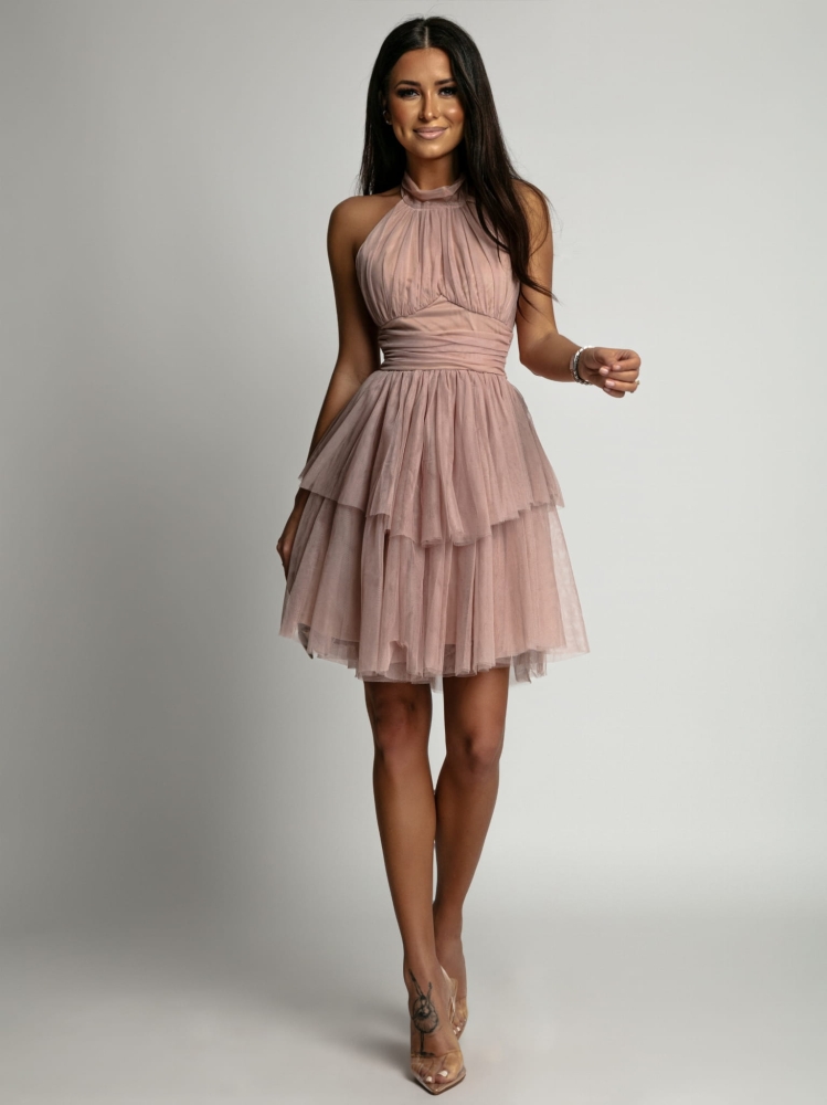 Sukienka tiulowa zakłądana na szyję krótka beżowa PREMIUM