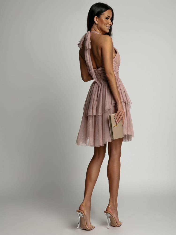 Sukienka tiulowa zakłądana na szyję krótka beżowa PREMIUM