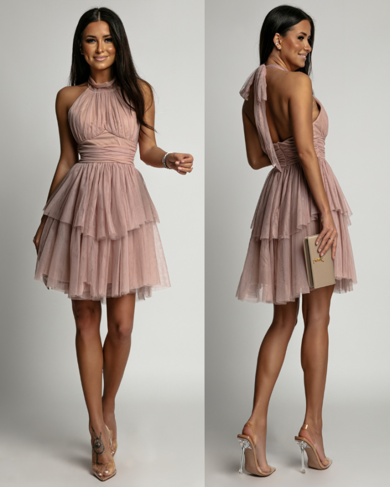 Sukienka tiulowa zakłądana na szyję krótka beżowa PREMIUM