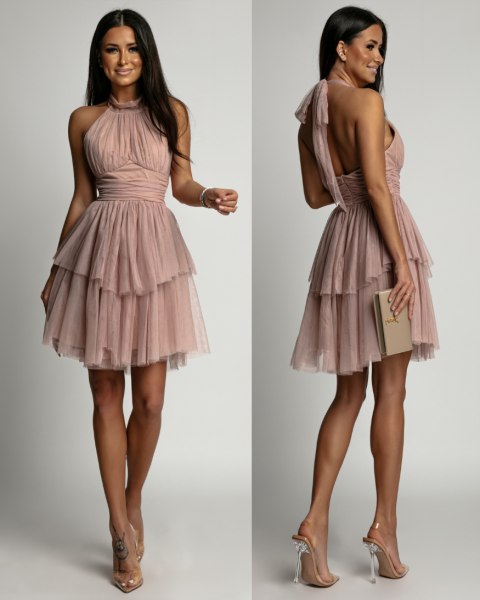 Sukienka tiulowa zakłądana na szyję krótka beżowa PREMIUM