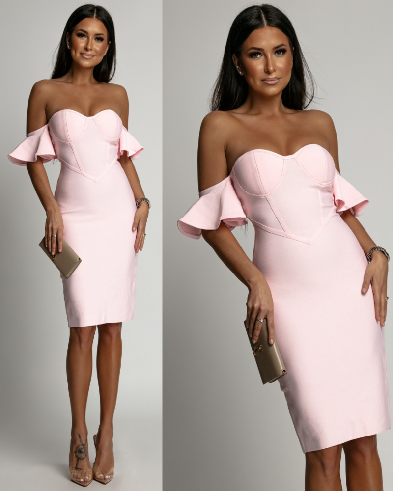 Bandażowa  sukienka z ramiączkami falbanka jasny róż PREMIUM