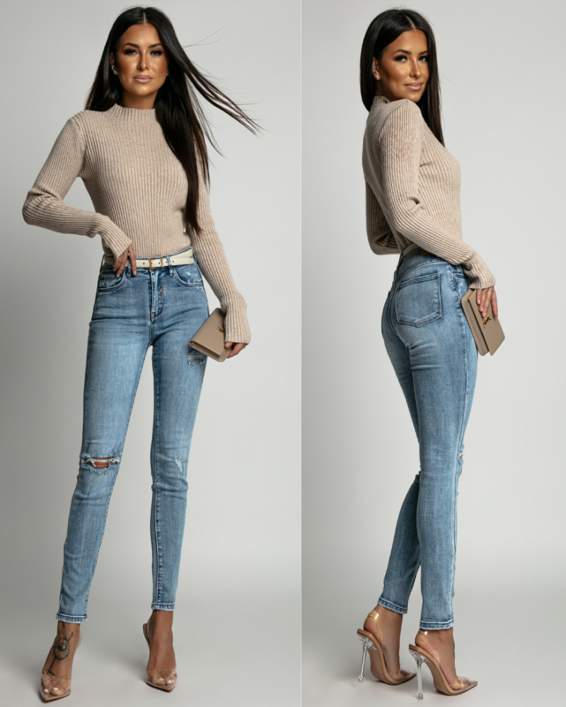 Spodnie jeans dopasowane z przetarciami niebieskie PREMIUM