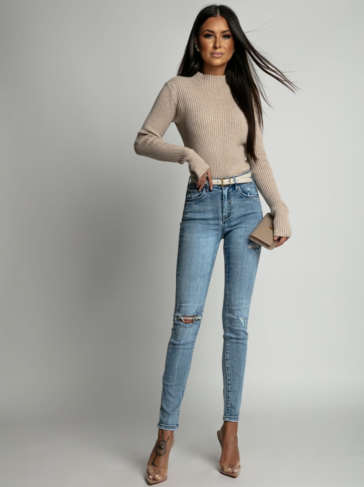 Spodnie jeans dopasowane z przetarciami niebieskie PREMIUM