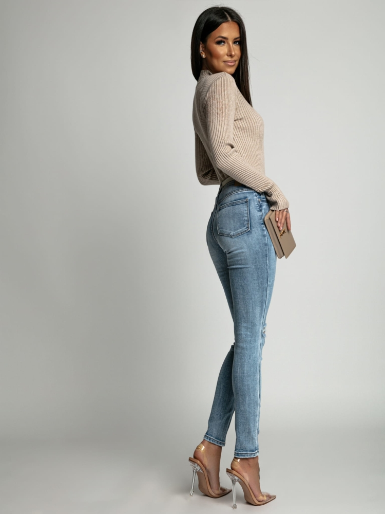 Spodnie jeans dopasowane z przetarciami niebieskie PREMIUM