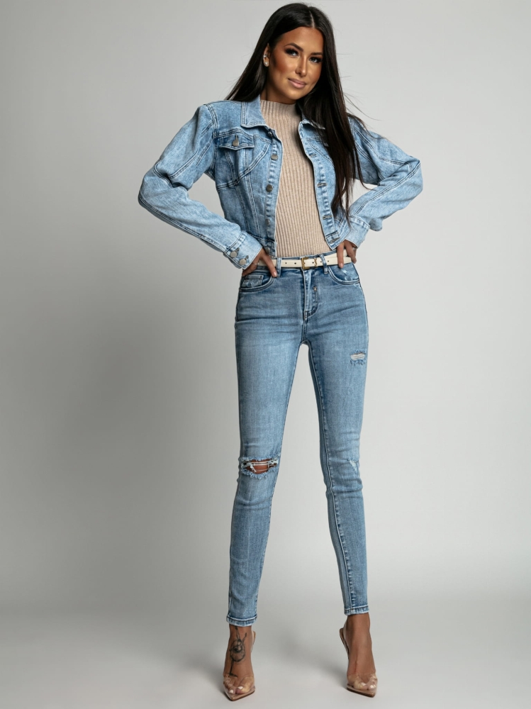 Spodnie jeans dopasowane z przetarciami niebieskie PREMIUM