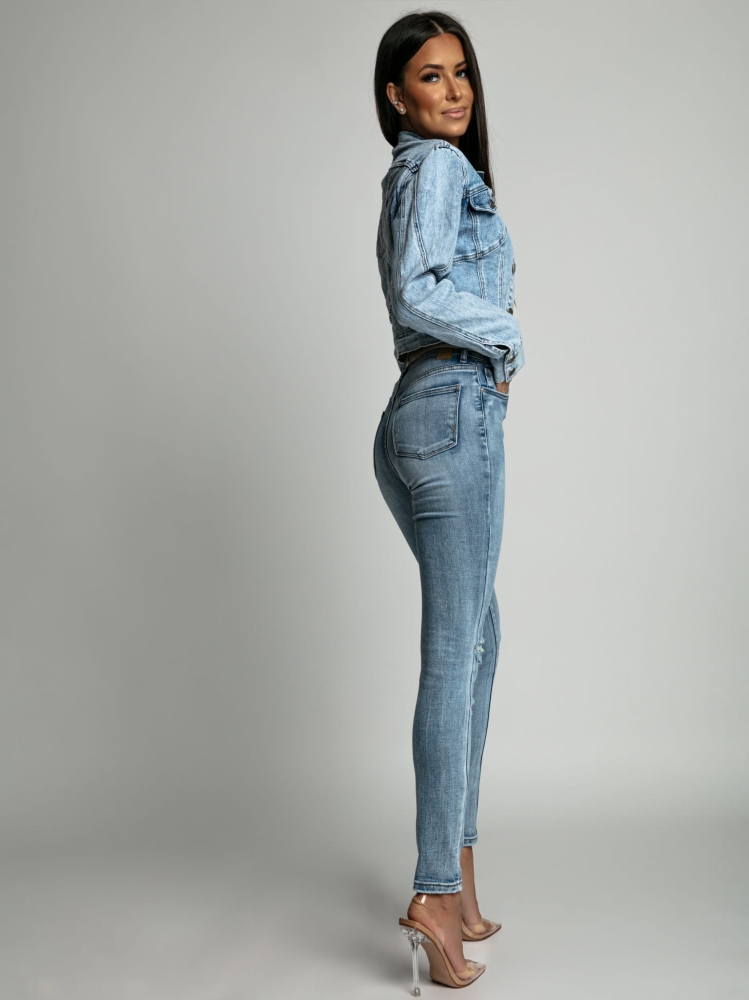 Spodnie jeans dopasowane z przetarciami niebieskie PREMIUM
