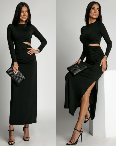 Sukienka klasyczna z rozcięciem w talii gładka czarna PREMIUM