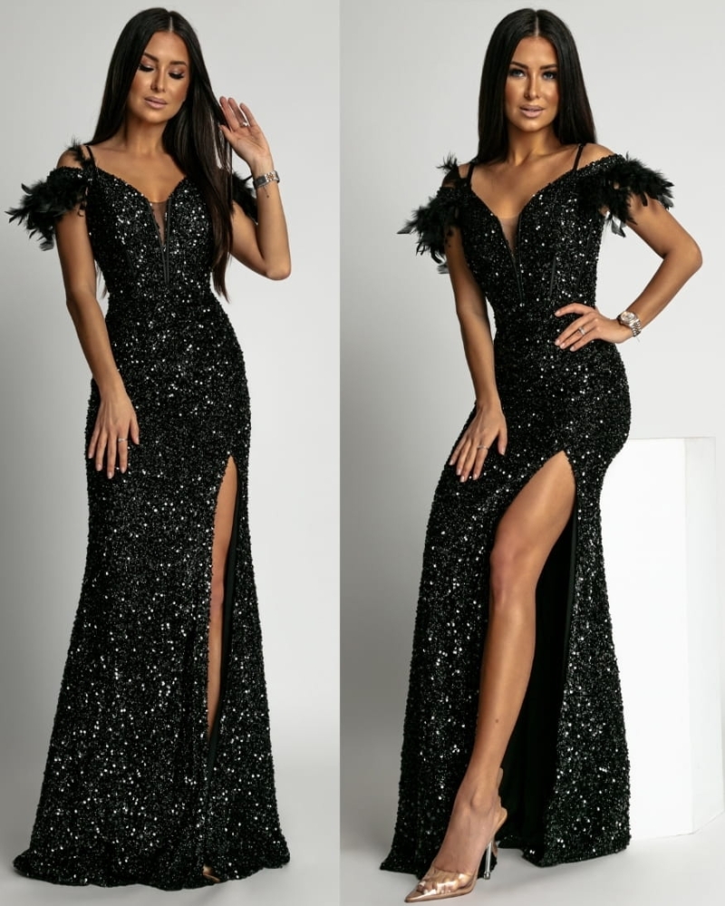 Sukienka długa maxi cekinowa z piórkami czarna PREMIUM