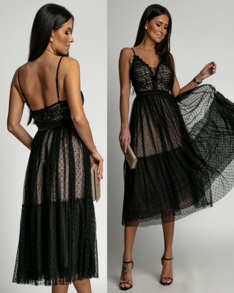 Sukienka z koronką górą i tiulem w kropki czarna PREMIUM