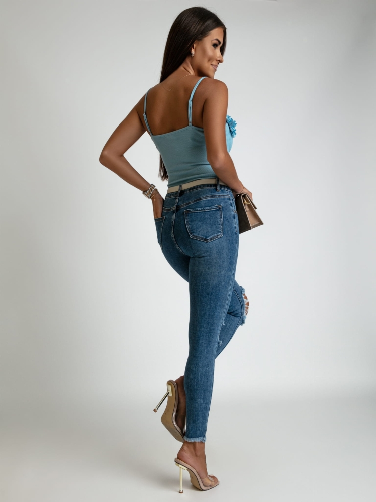 Spodnie jeans niebieskie z wysokim stanem dziurami oraz zamkiem PREMIUM