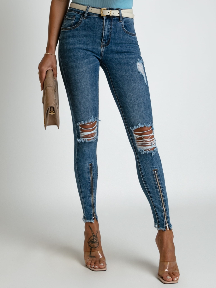 Spodnie jeans niebieskie z wysokim stanem dziurami oraz zamkiem PREMIUM