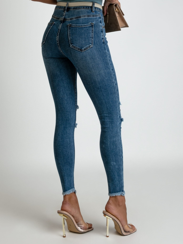 Spodnie jeans niebieskie z wysokim stanem dziurami oraz zamkiem PREMIUM