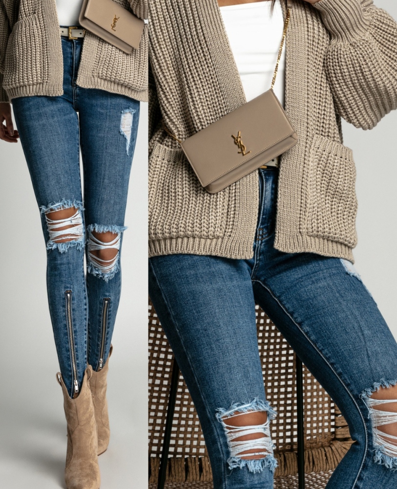 Spodnie jeans niebieskie z wysokim stanem dziurami oraz zamkiem PREMIUM