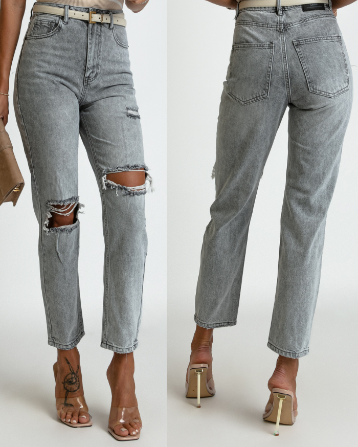 Spodnie jeans z dziurami wysoki stan szare PREMIUM