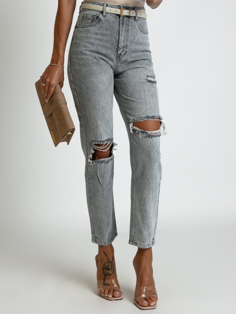 Spodnie jeans z dziurami wysoki stan szare PREMIUM