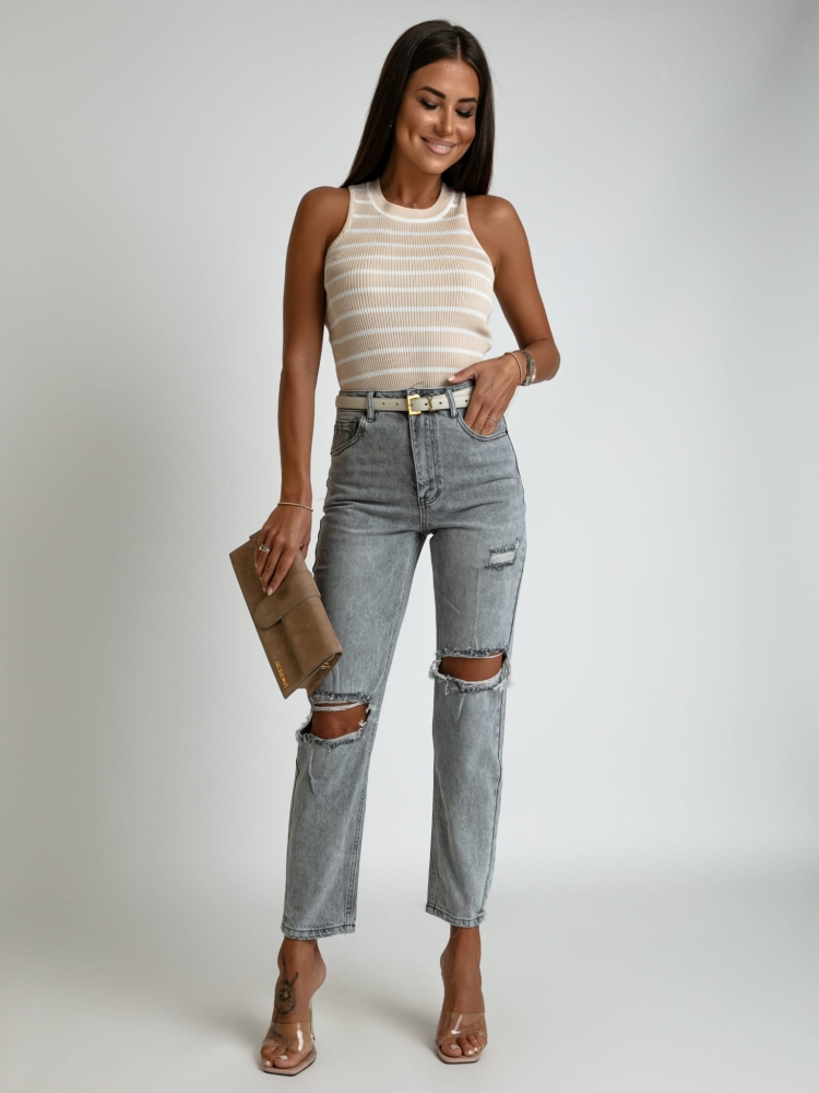 Spodnie jeans z dziurami wysoki stan szare PREMIUM