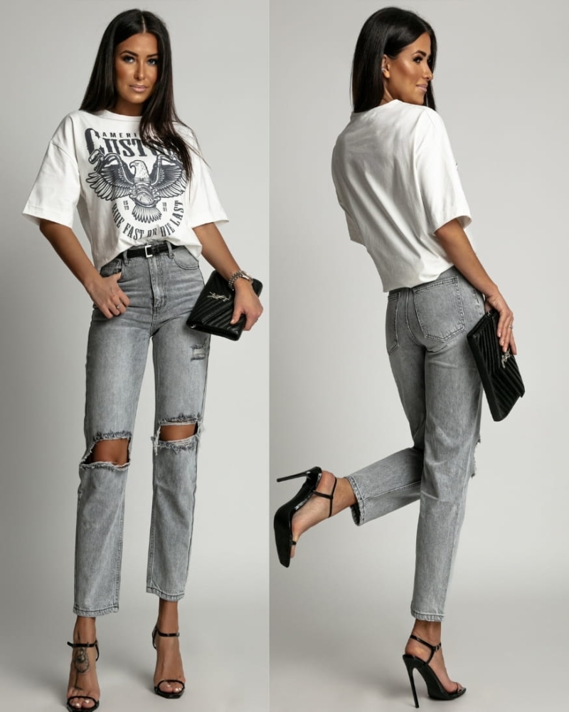 Spodnie jeans z dziurami wysoki stan szare PREMIUM