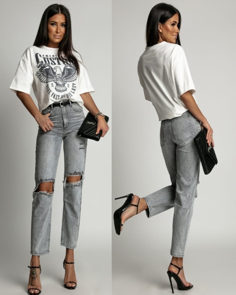 Spodnie jeans z dziurami wysoki stan szare PREMIUM