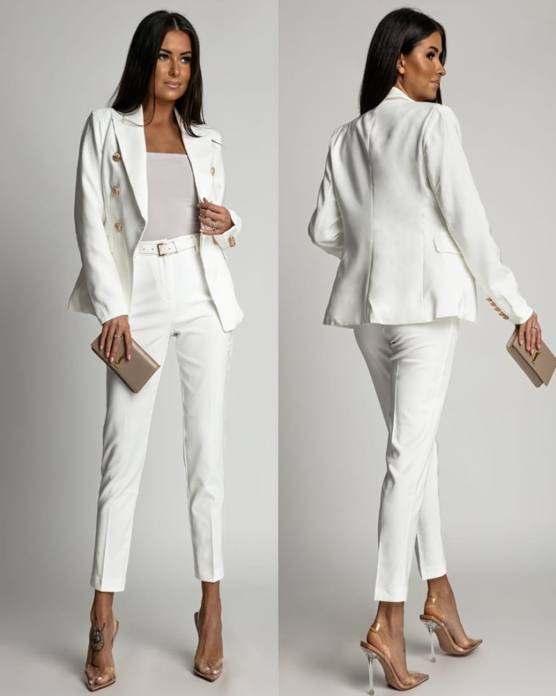 Spodnie eleganckie w kant z paskiem białe PREMIUM