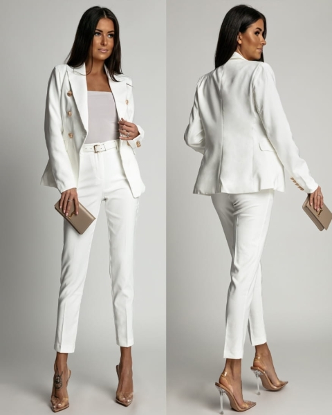 Spodnie eleganckie w kant z paskiem białe PREMIUM