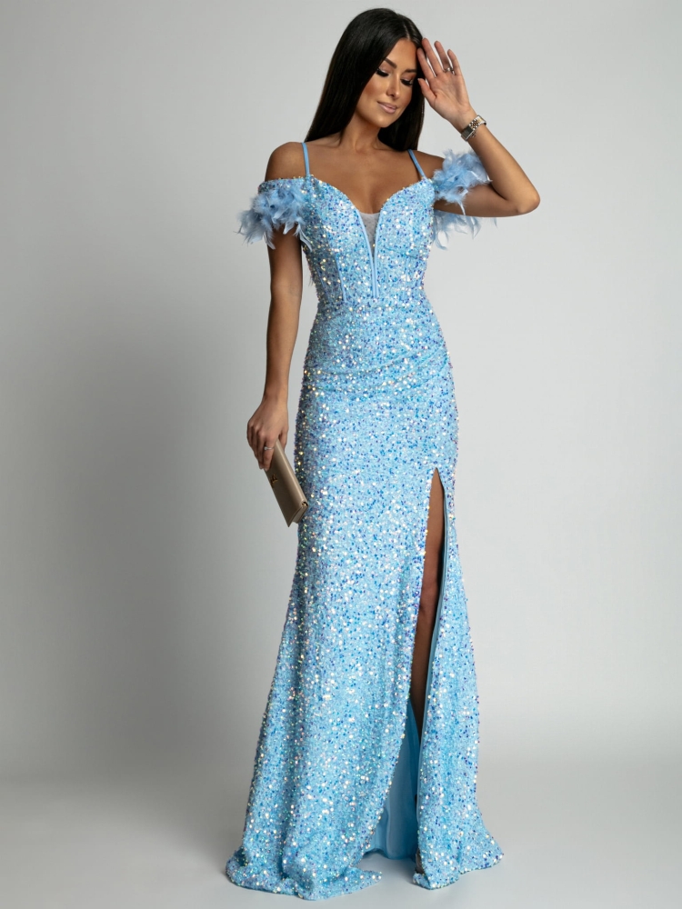 Sukienka długa maxi cekinowa z piórkami niebieska PREMIUM