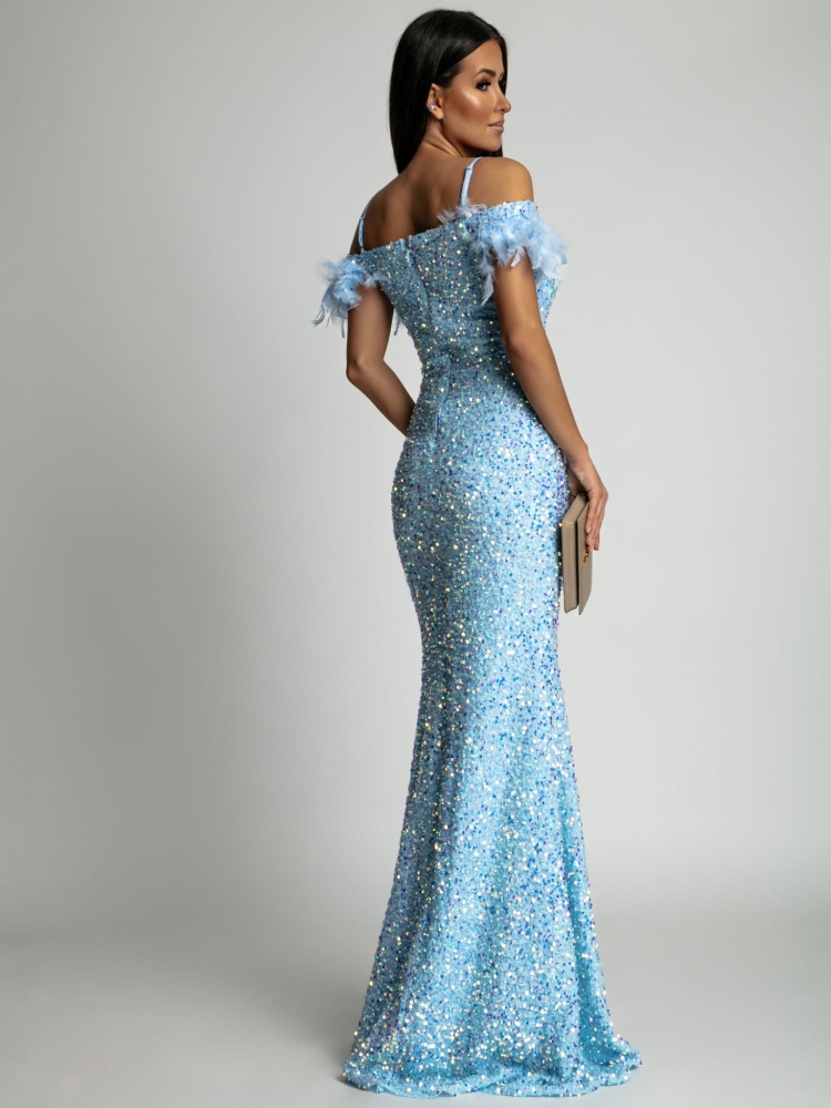 Sukienka długa maxi cekinowa z piórkami niebieska PREMIUM