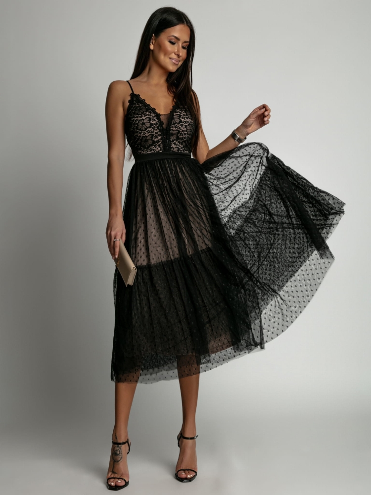 Sukienka z koronką górą i tiulem w kropki czarna PREMIUM
