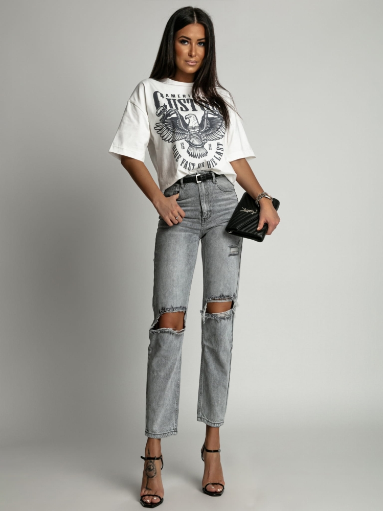 Spodnie jeans z dziurami wysoki stan szare PREMIUM