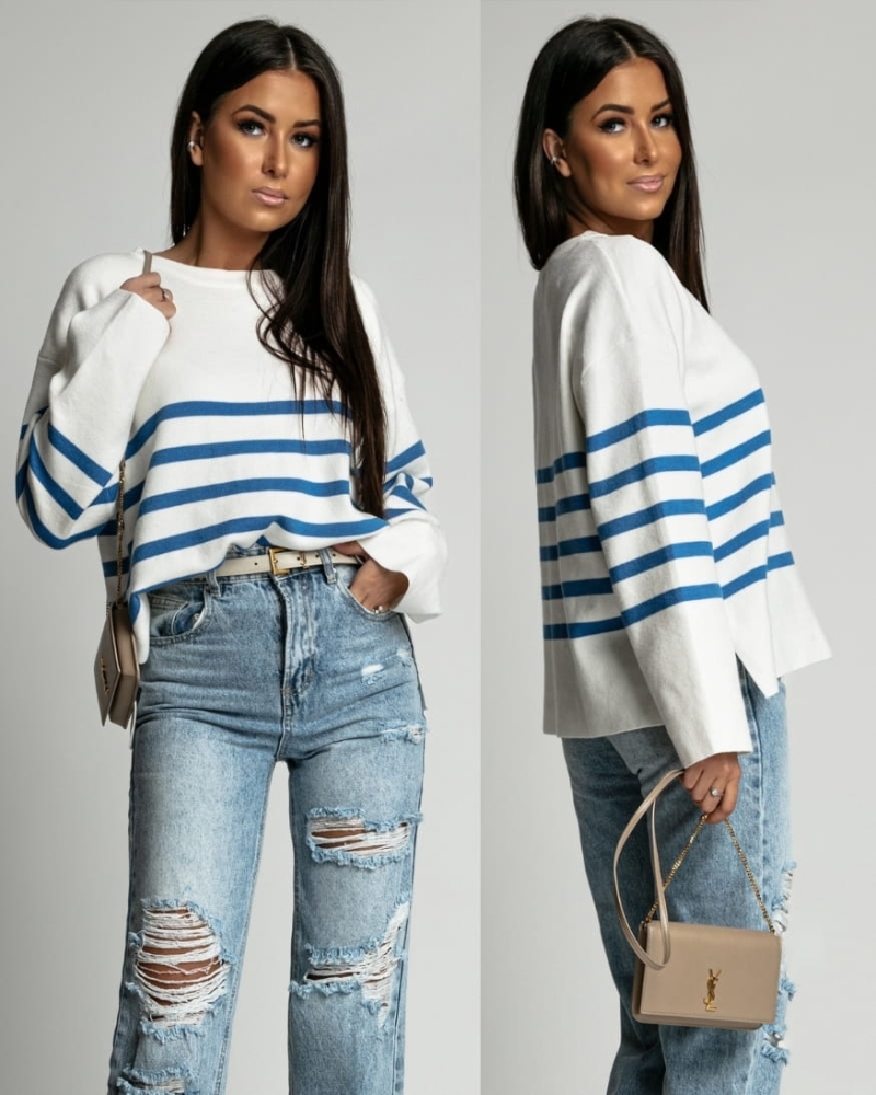 Sweterek oversize w pasy niebieskie ecru PREMIUM